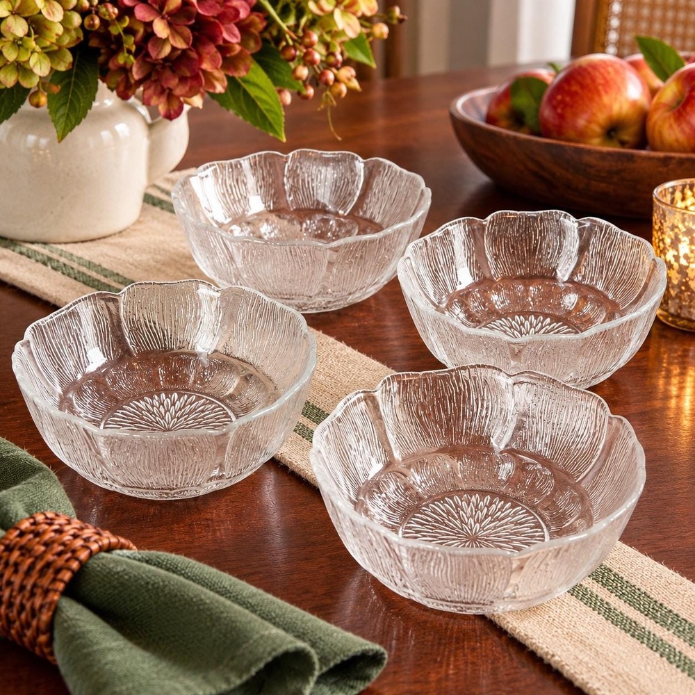 Vintage Clear Glass Berry Bowls Set of 4 Dessert Side Salad Flower Petal